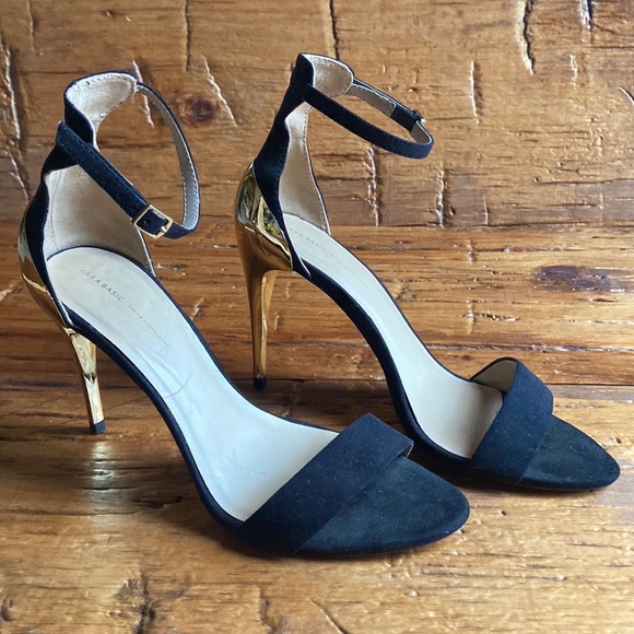 Zara Black & Gold Stiletto Suede Ankle Strap High Heels, Women’s EU 38, US 7.5 - Picture 9 of 13